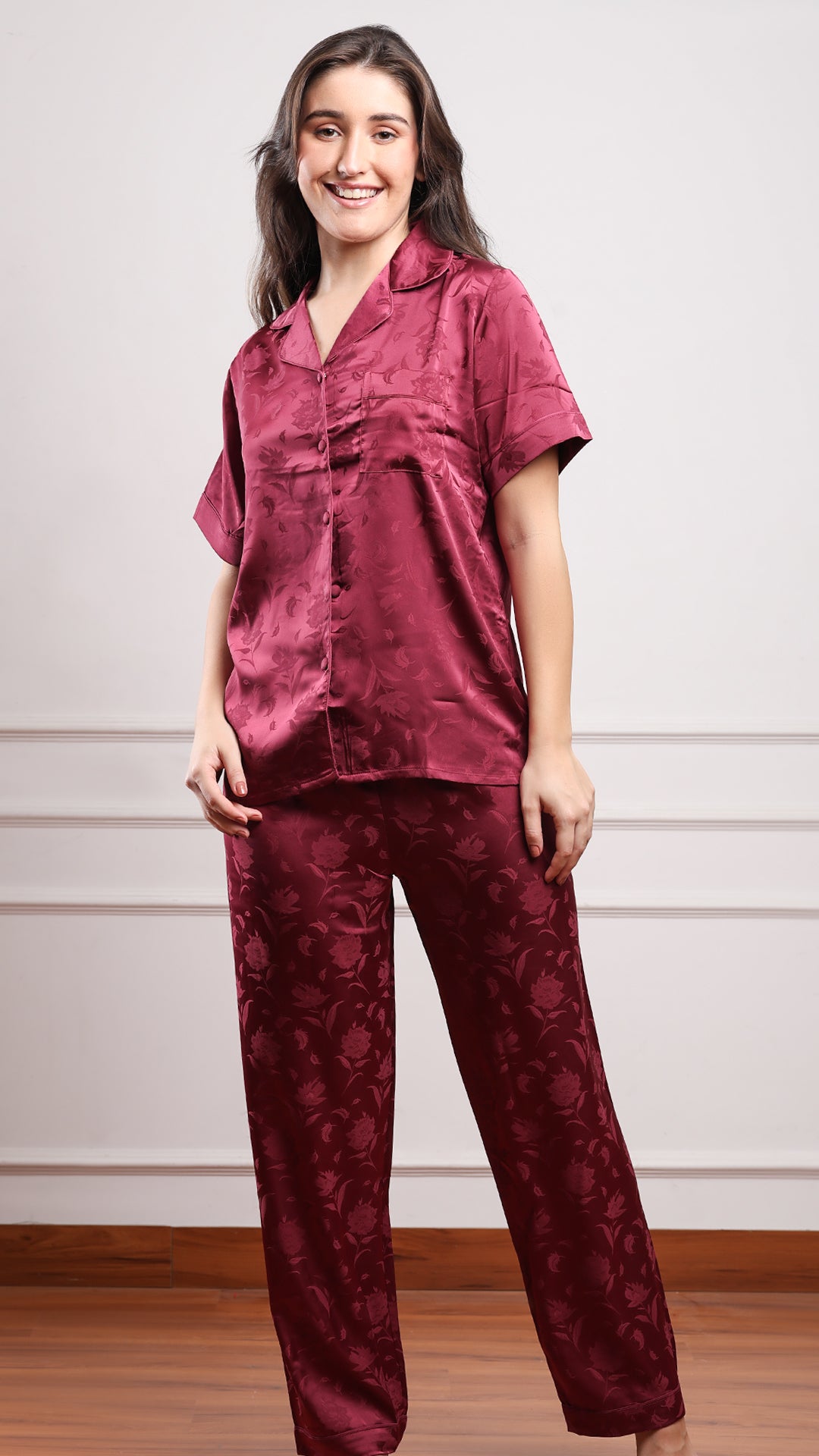 Jacquard Satin 3pc Pajama Set – Shirt, Shorts & Pant