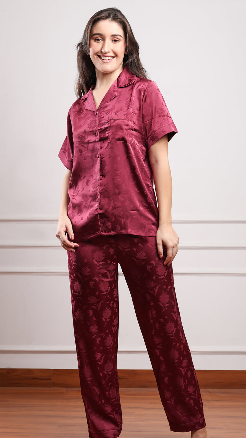 Jacquard Satin 3pc Pajama Set – Shirt, Shorts & Pant