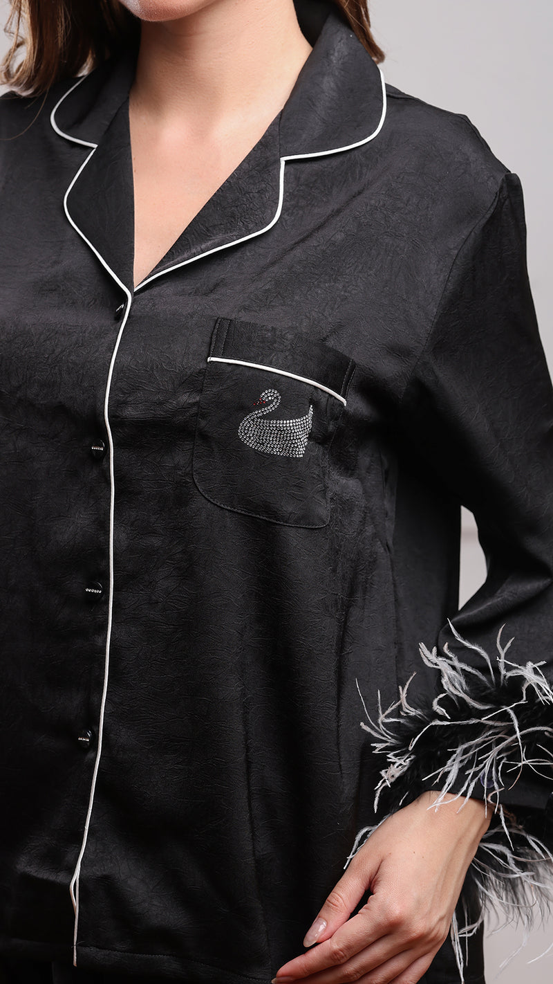 Black Silk Satin Feather-Cuff Pajama Set