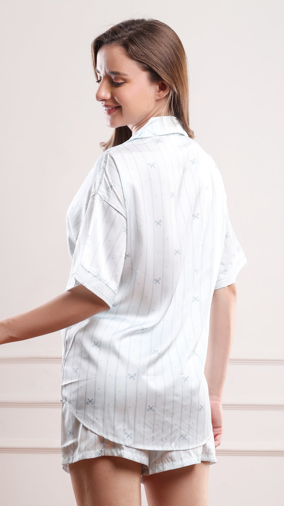 Sky Blue Striped Satin Shirt & Shorts PJ Set