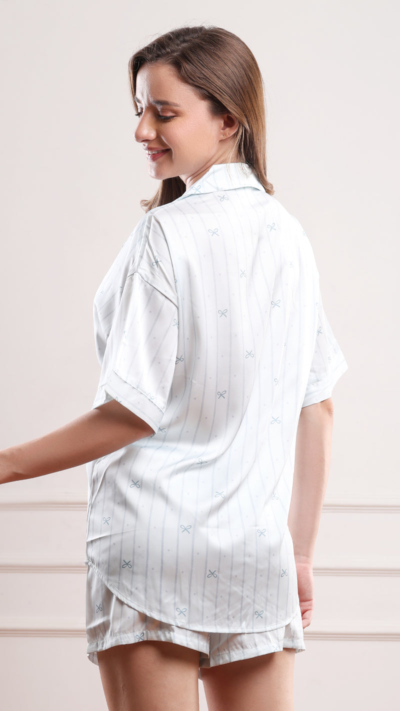 Sky Blue Striped Satin Shirt & Shorts PJ Set
