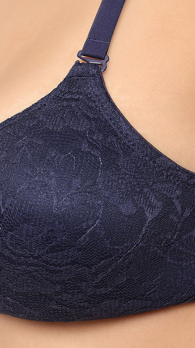 Amante Navy Blue Lace Padded Non-Wired Full Coverage Bra