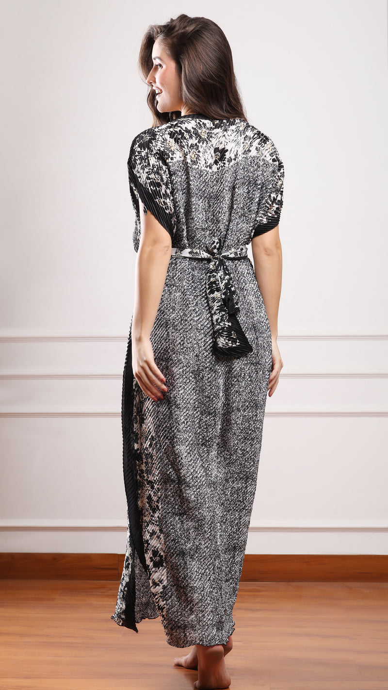 Black & White Printed Pleated Satin Kaftan