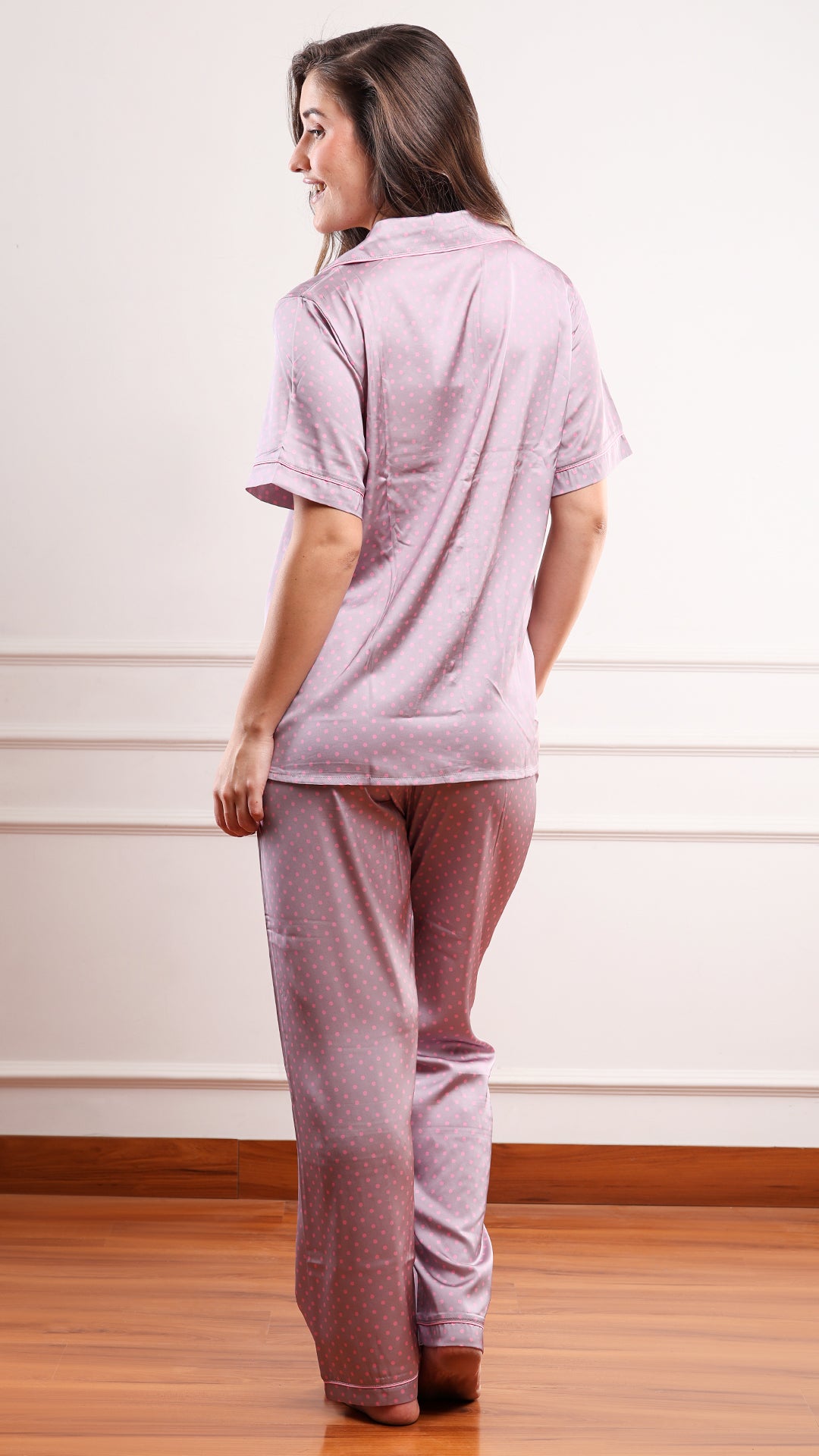 Mauve Polka Dot Satin 3pc Pajama Set – Shirt, Shorts & Pant