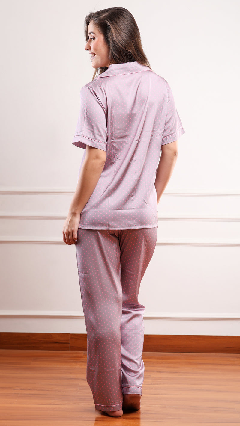 Mauve Polka Dot Satin 3pc Pajama Set – Shirt, Shorts & Pant