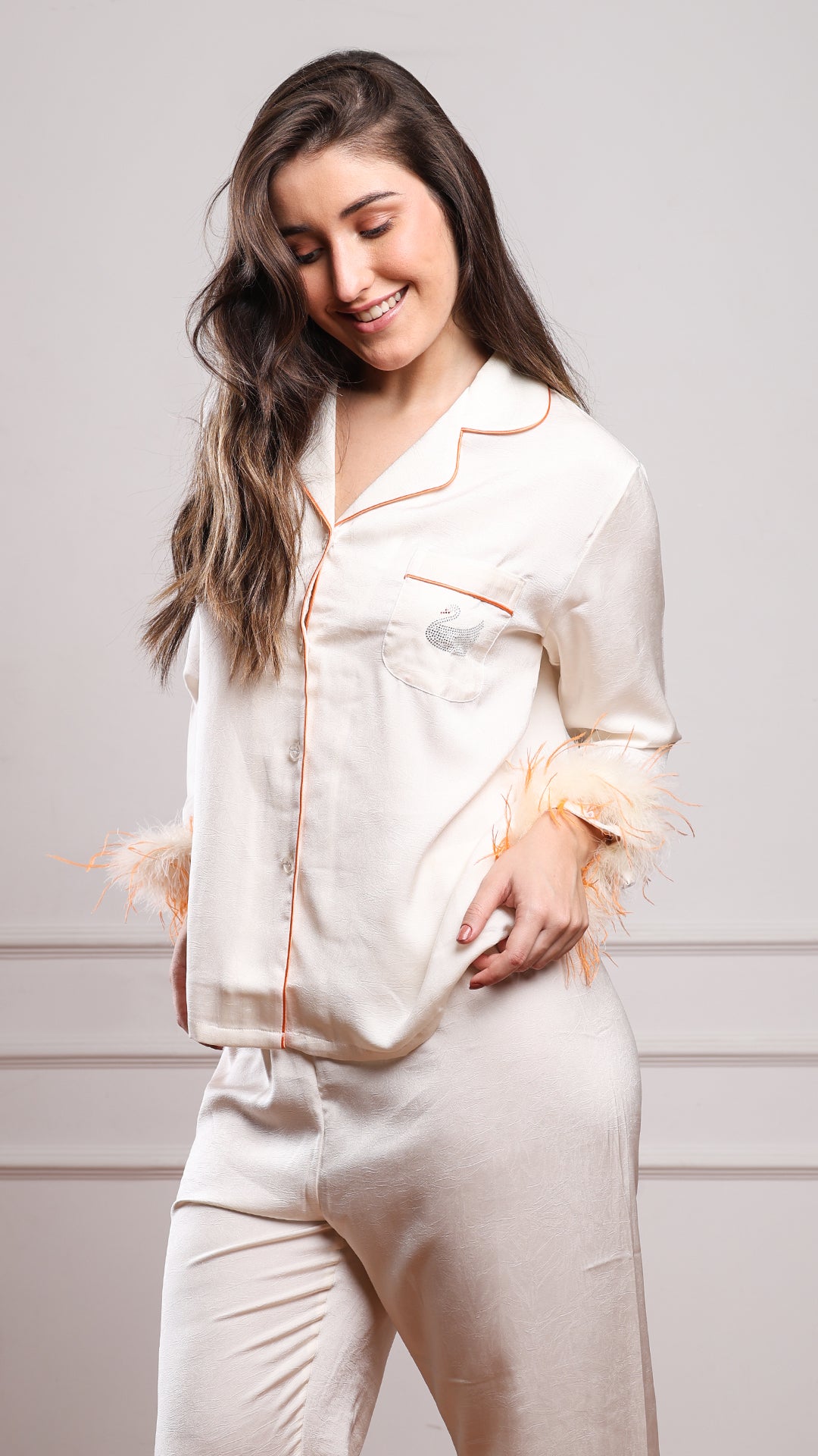 Vanilla Silk Satin Feather-Cuff Pajama Set