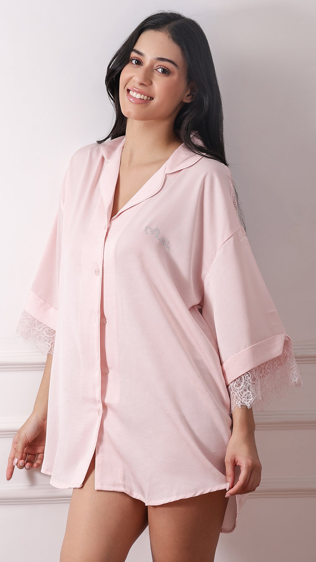 Pink satin sleep shirt with lace trim, back view
