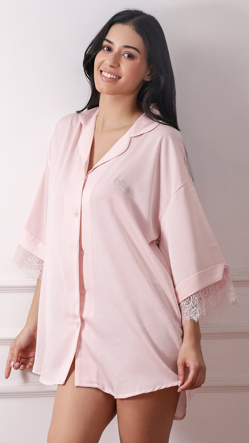 Pink satin sleep shirt with lace trim, back view