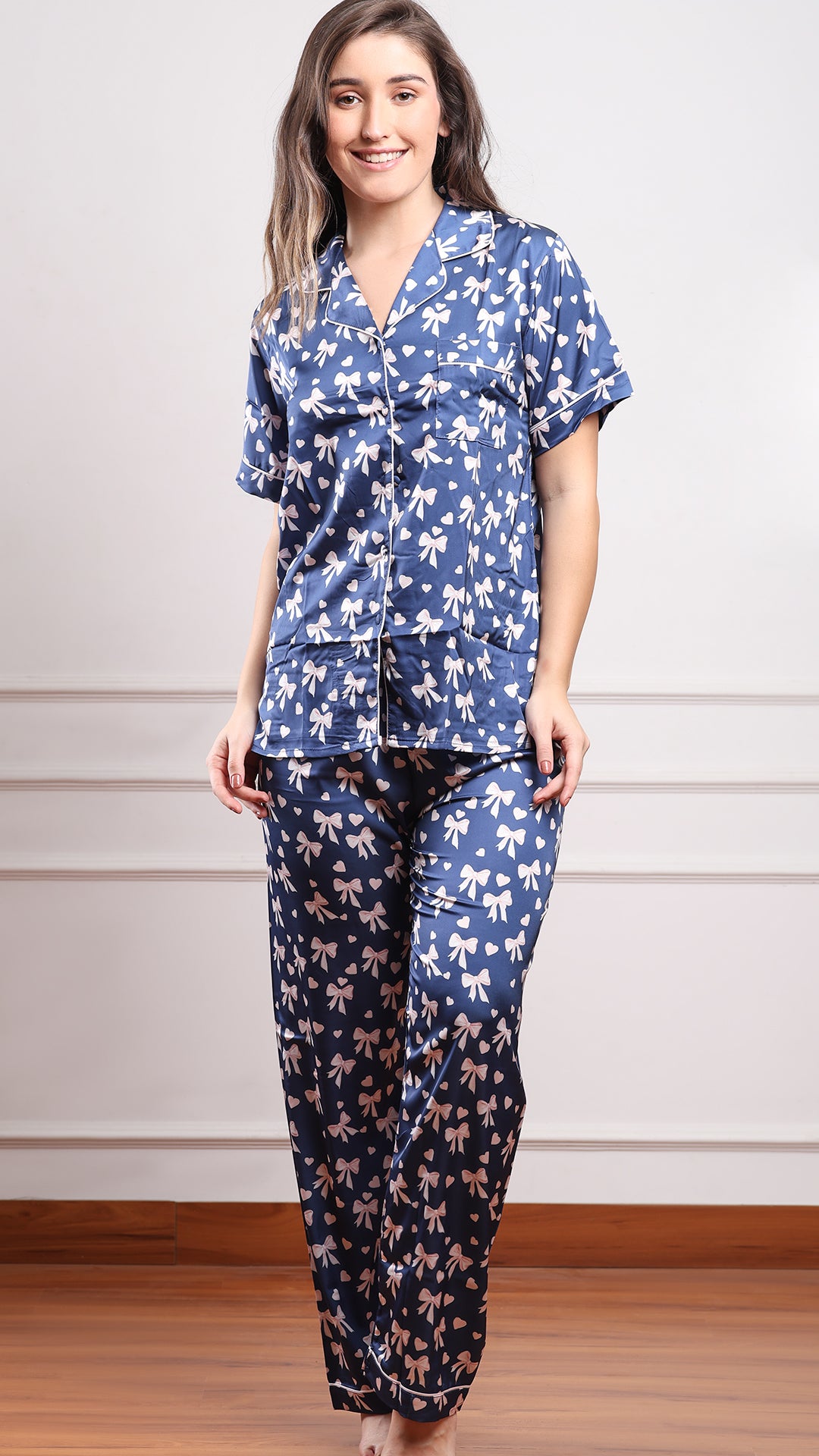 Women's navy satin 3-piece pajama set featuring shirt, shorts and full-length pants