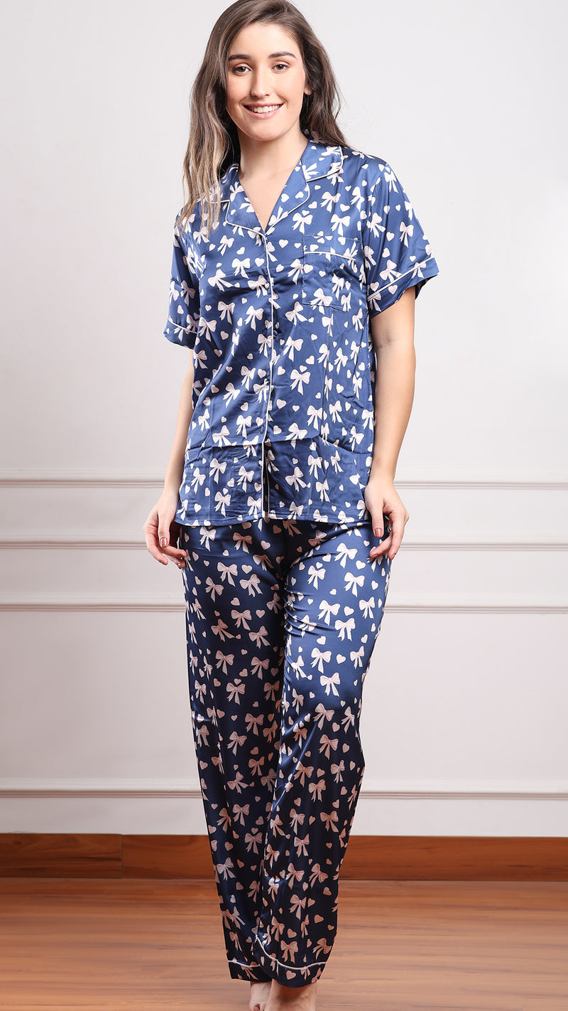 Navy Bow Print Satin 3pc Set – Shirt, Shorts & Pant