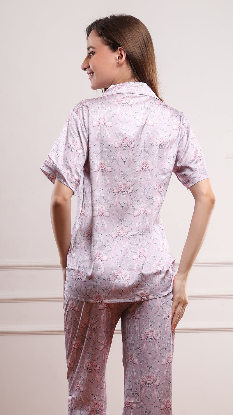 Pink Floral Satin Pyjama Set – Shirt, Shorts & Pants