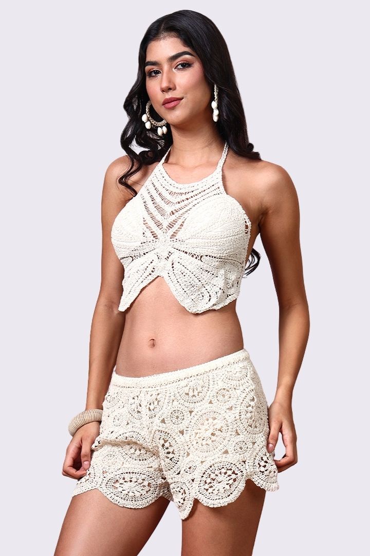 AXTZH Feminine Crochet Resort Shorts Featuring Intricate Weave and Lightweight Comfort-X0345-BEIGE1-BW1PST