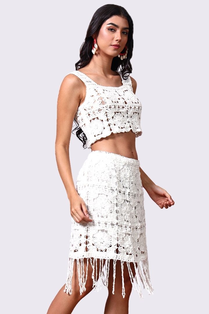 AXTZH Women’s Crochet Beachwear Skirt with Delicate Detailing and Fringe Hem-X2526-WHITE-BW1PSK