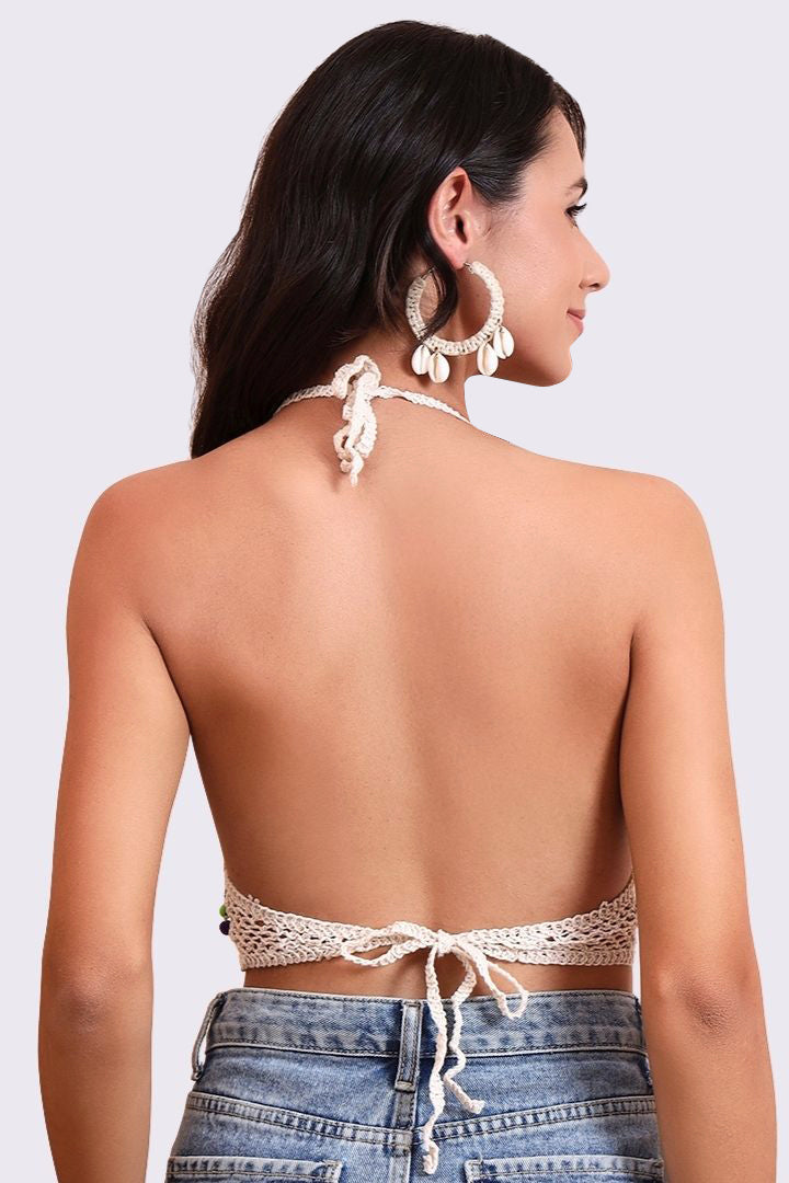 AXTZH Crochet Halter Beachwear Bra Top with Handcrafted Detailing and Playfu-X0169-BEIGE4-BW1PBL