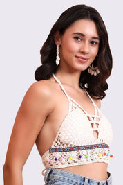 AXTZH Crochet Halter Beachwear Bra Top with Handcrafted Detailing and Playfu-X0169-BEIGE4-BW1PBL