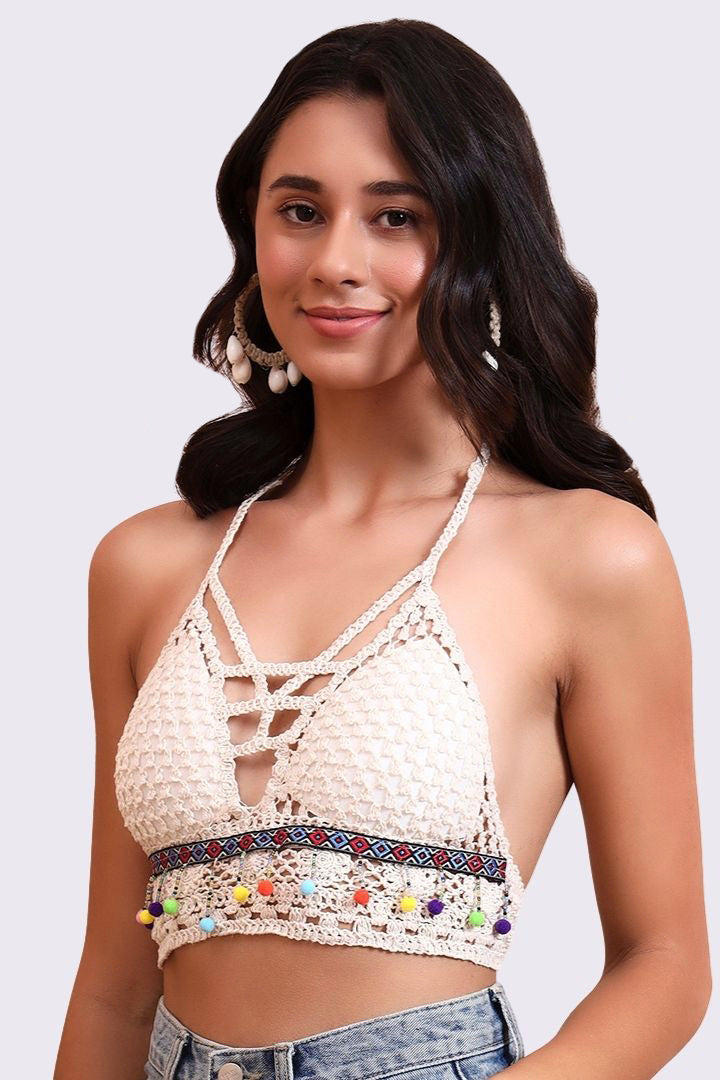 AXTZH Crochet Halter Beachwear Bra Top with Handcrafted Detailing and Playfu-X0169-BEIGE4-BW1PBL
