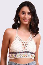 AXTZH Crochet Halter Beachwear Bra Top with Handcrafted Detailing and Playfu-X0169-BEIGE4-BW1PBL