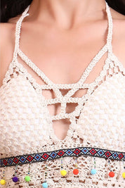 AXTZH Crochet Halter Beachwear Bra Top with Handcrafted Detailing and Playfu-X0169-BEIGE4-BW1PBL