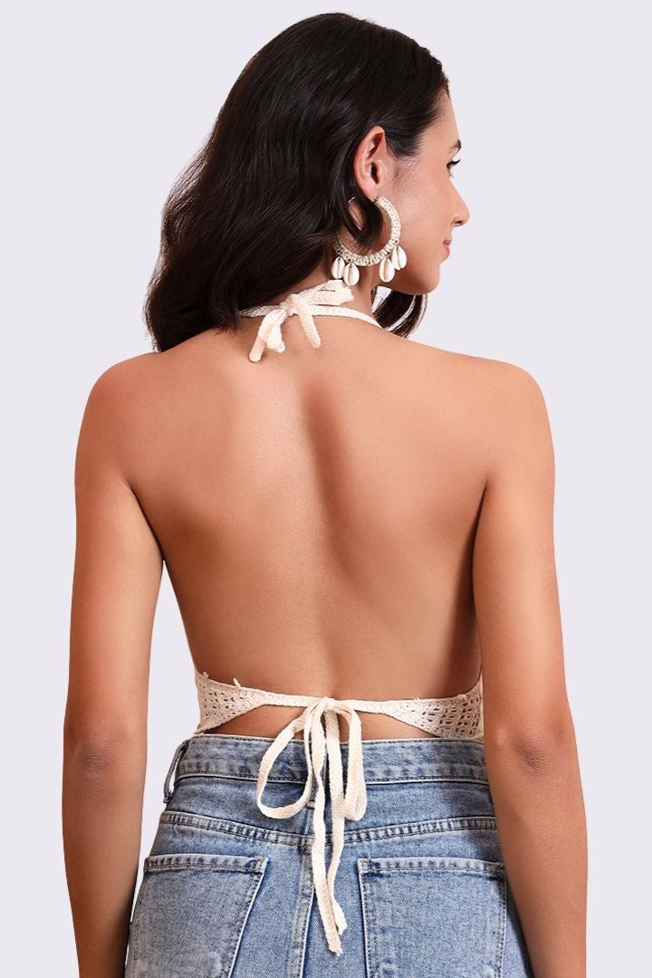 AXTZH Crochet Halter Beachwear Bra Top with Handcrafted Detailing and Playful Design-X0169-CREAM-BW1PBL
