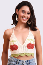 AXTZH Crochet Halter Beachwear Bra Top with Handcrafted Detailing and Playful Design-X0169-CREAM-BW1PBL