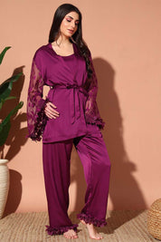 NIGHTWEAR-X2526IO Romantic Satin Nightsuit Set with robe