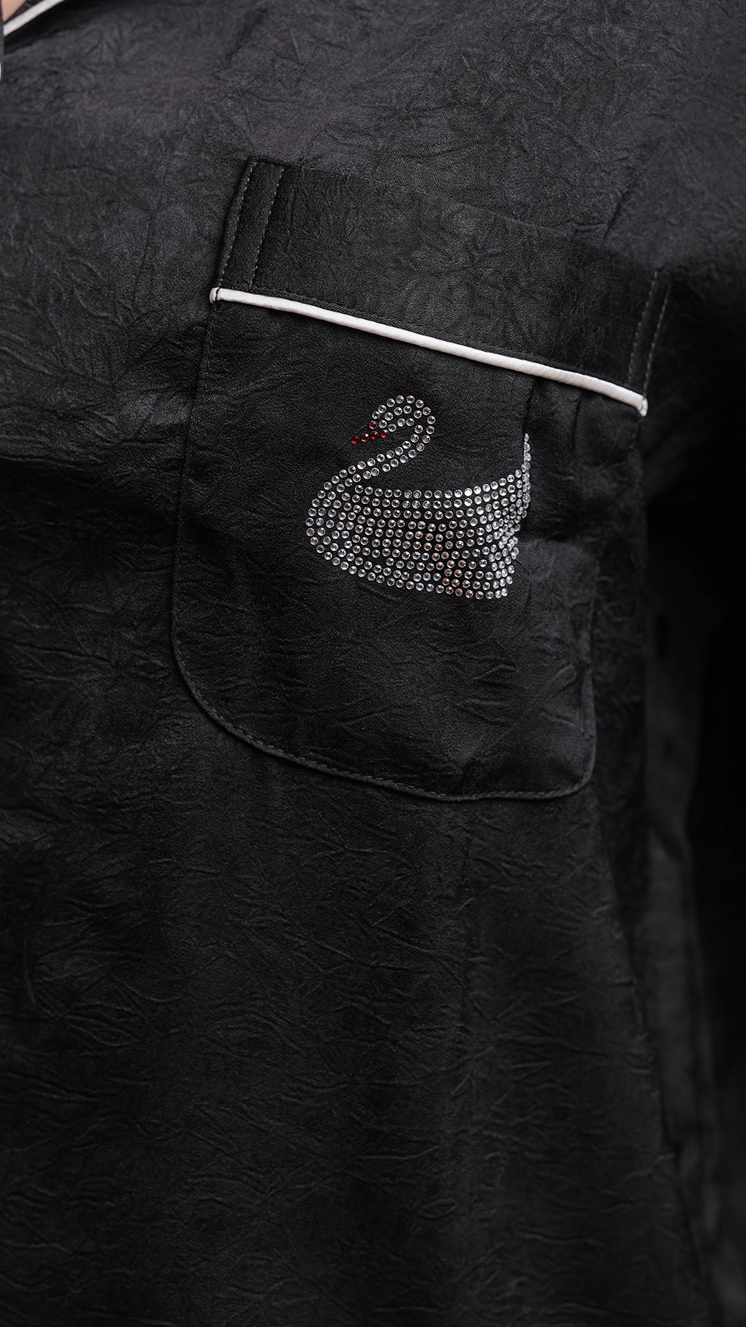 Black Silk Satin Feather-Cuff Pajama Set