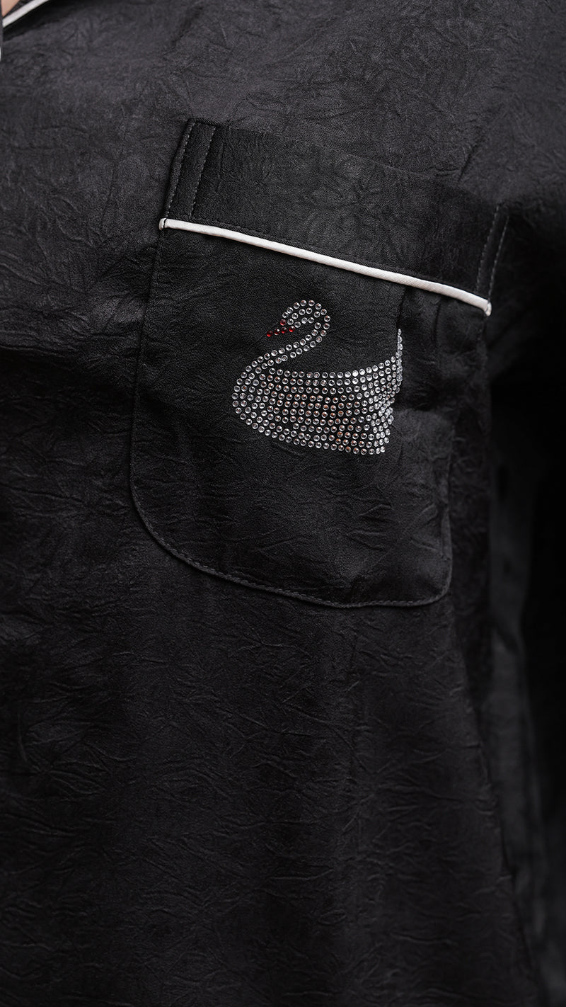 Black Silk Satin Feather-Cuff Pajama Set