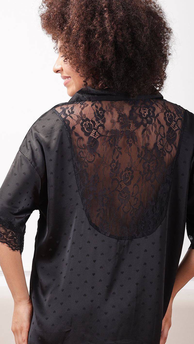 Black satin button-down sleep shirt, side view