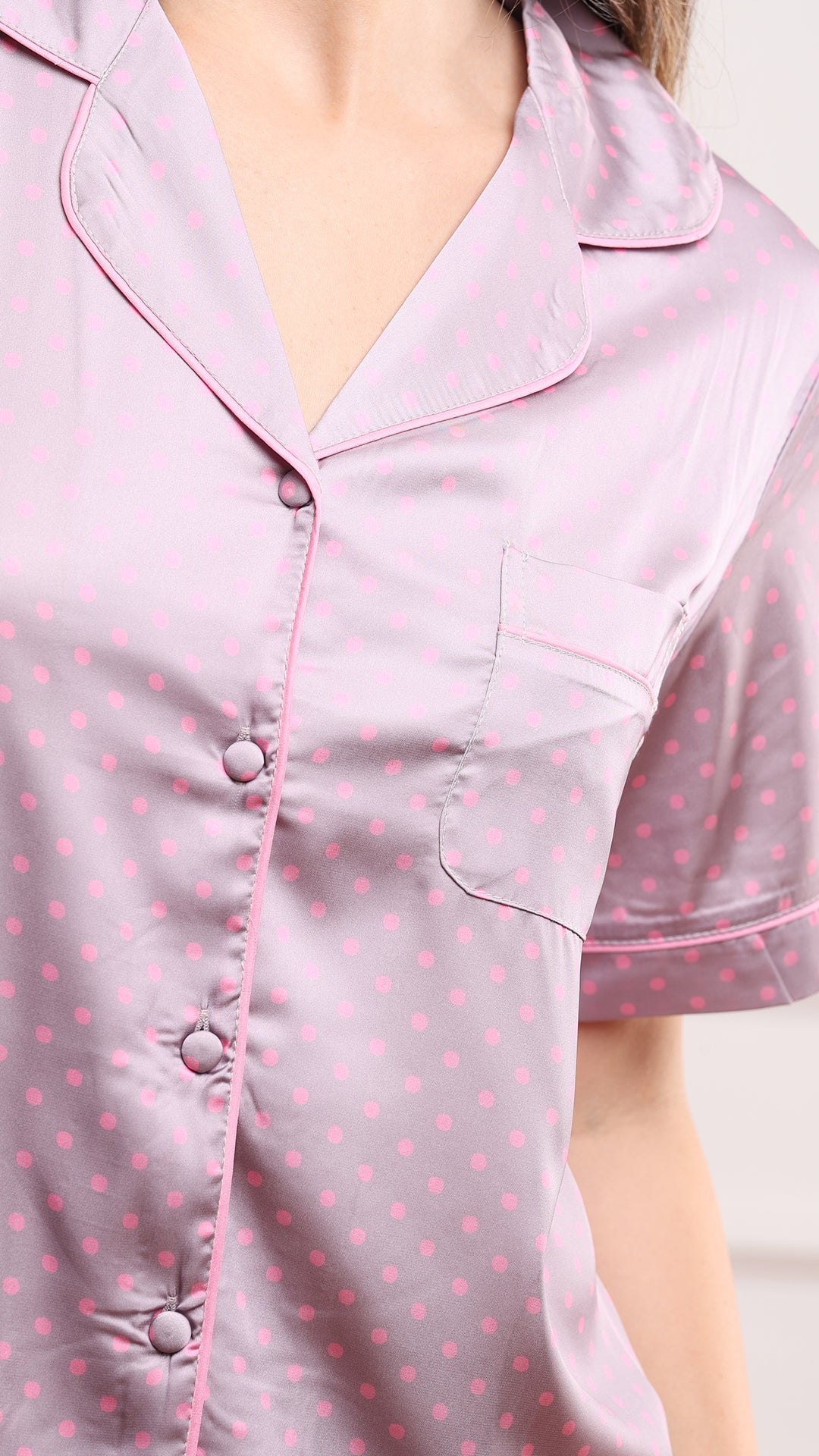 Mauve Polka Dot Satin 3pc Pajama Set – Shirt, Shorts & Pant