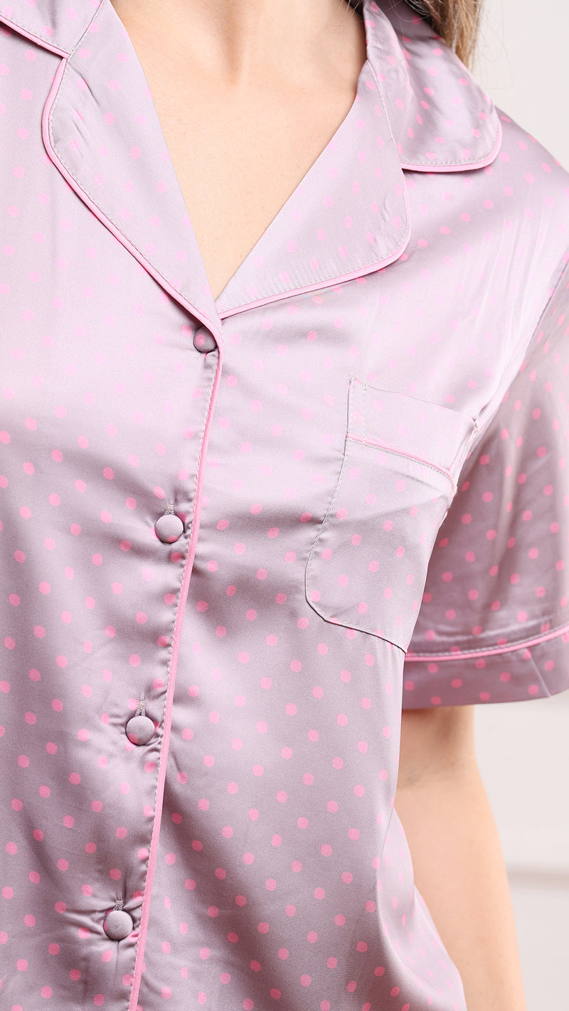 Mauve Polka Dot Satin 3pc Pajama Set – Shirt, Shorts & Pant