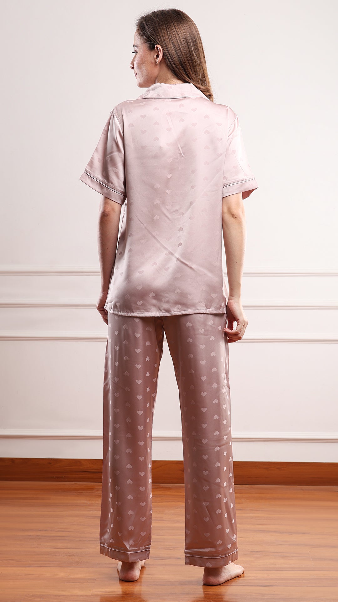 Umber Heart Jacquard Satin Pajama Set — Shirt, Shorts & Pants