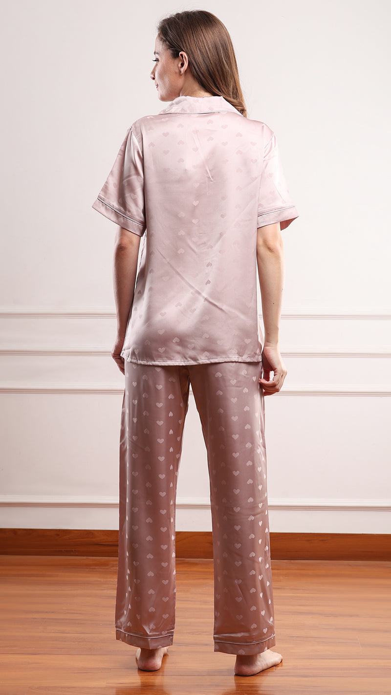 Umber Heart Jacquard Satin Pajama Set — Shirt, Shorts & Pants