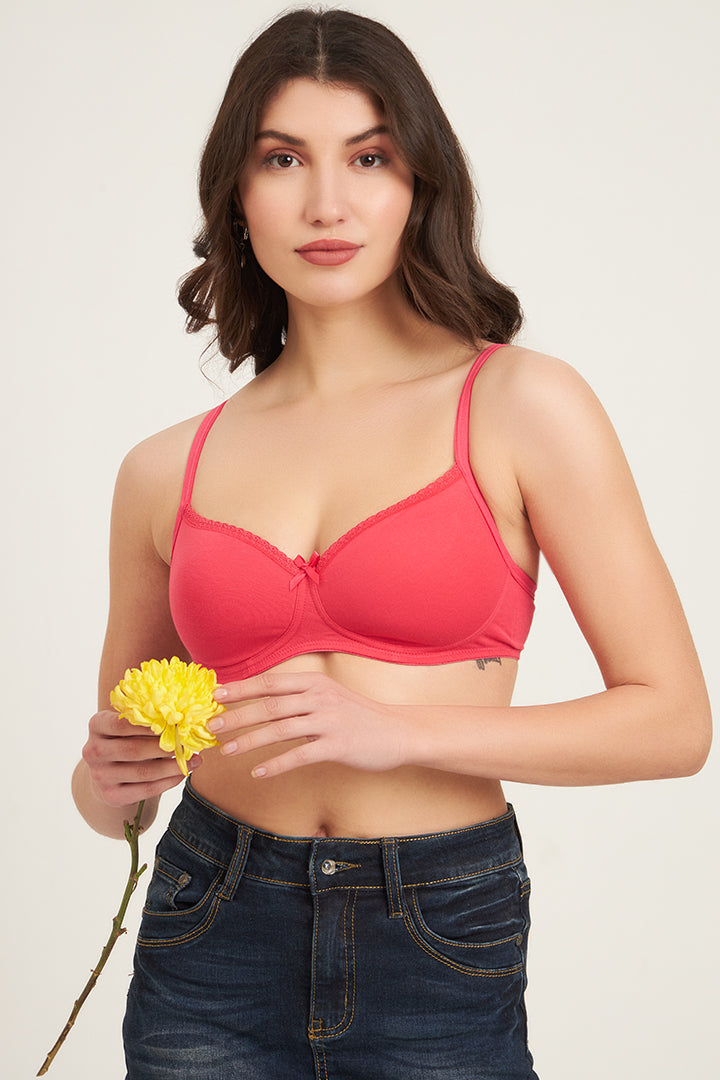 JOCKEY BRA-1723 Wirefree Padded Super Combed Cotton Elastane Stretch Medium Coverage T-Shirt Bra with Lace Styling