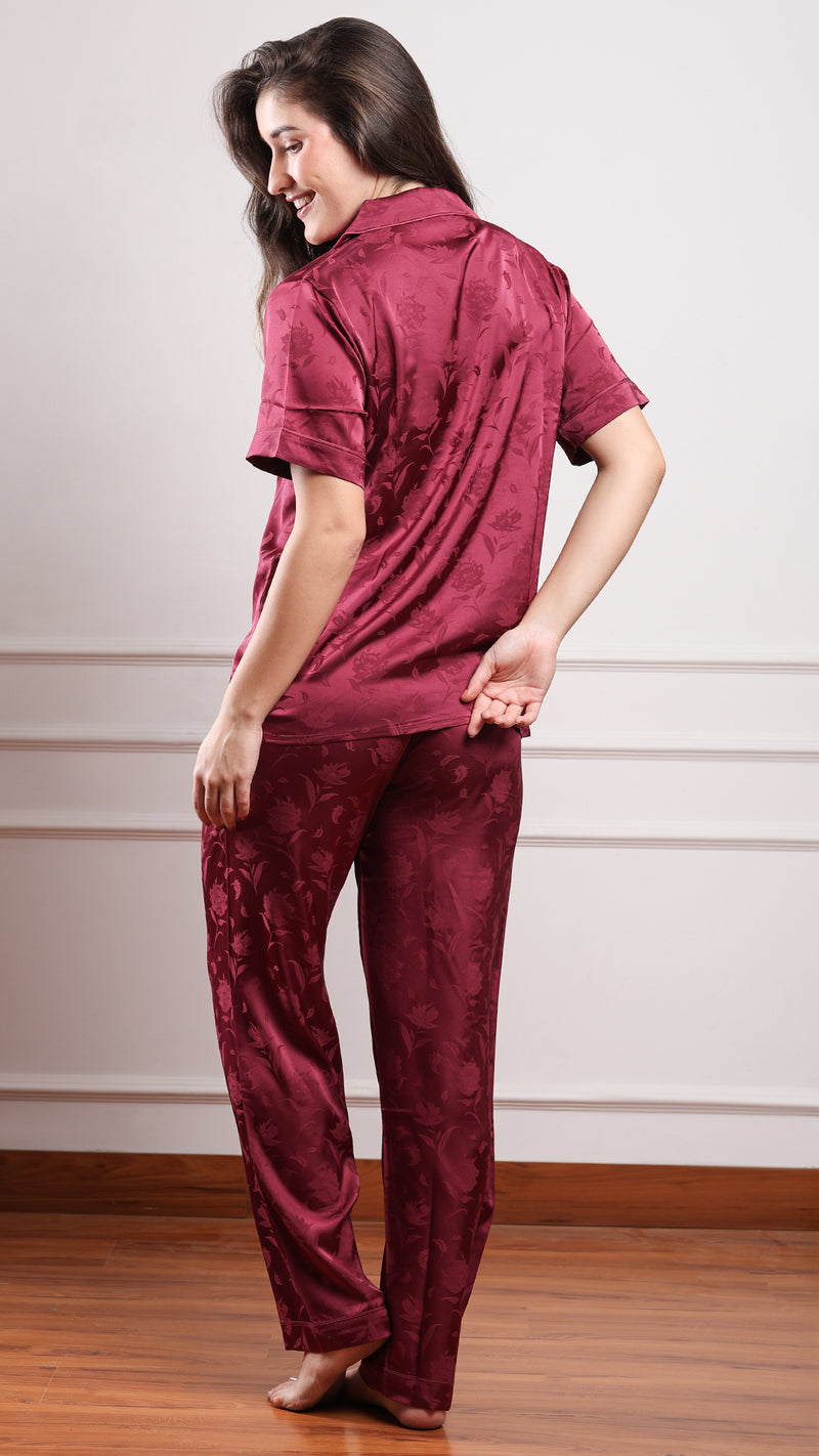 Jacquard Satin 3pc Pajama Set – Shirt, Shorts & Pant