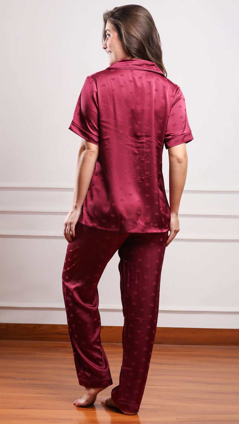 Wine Heart Jacquard Satin Pajama Set — Shirt, Shorts & Pants