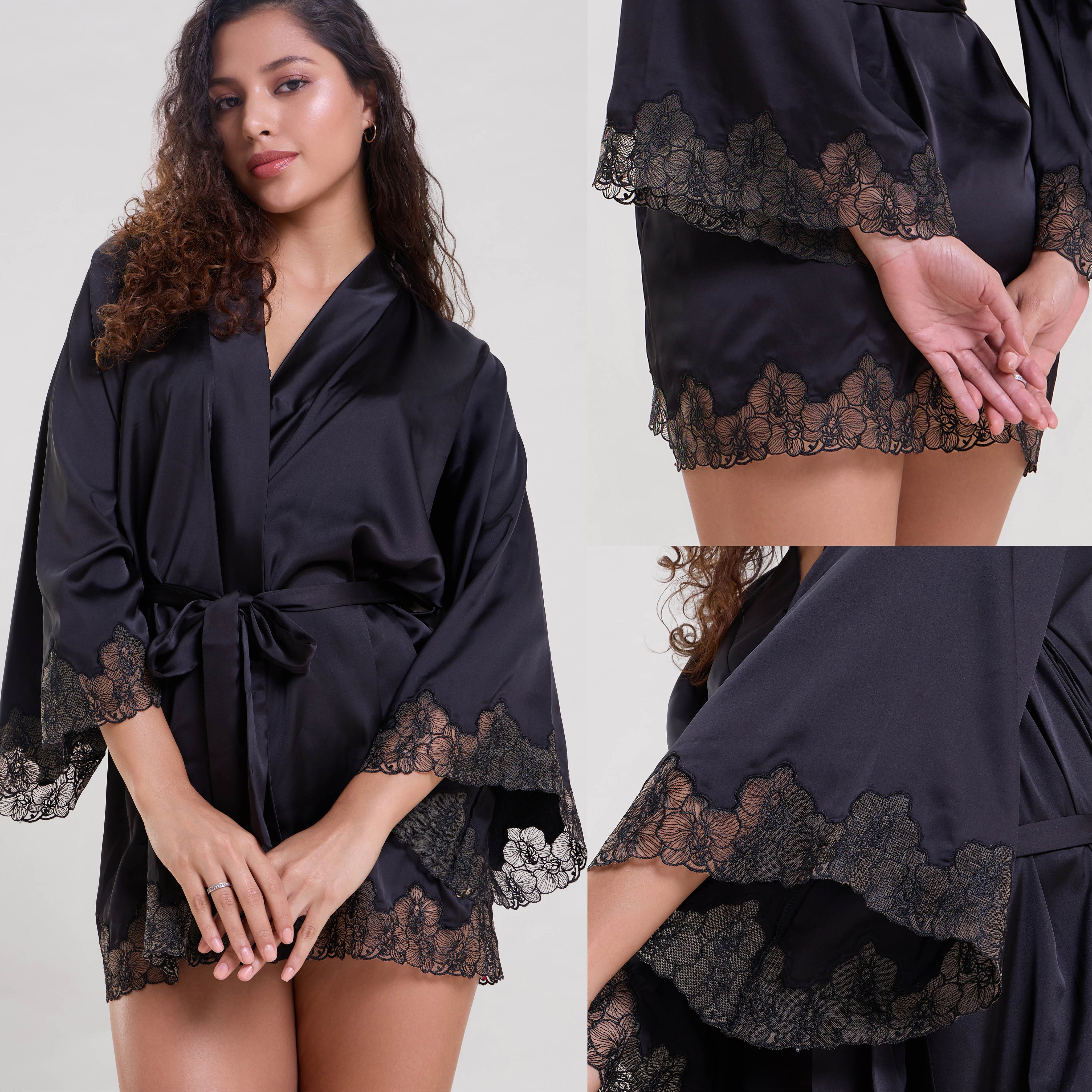 Mysthelle ELLA BLACK ROBE WITH EMBROIDERED SLEEVES