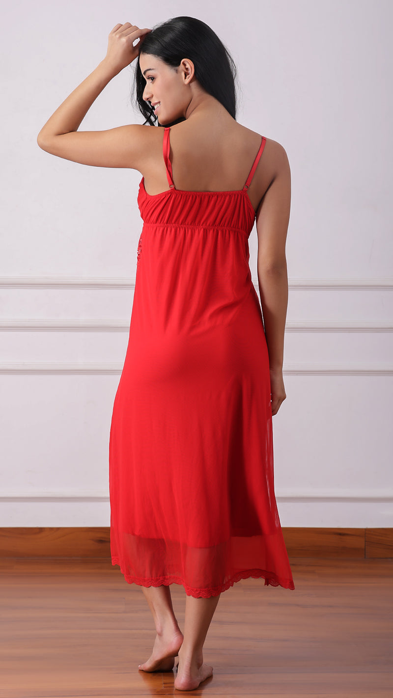 Back view of woman wearing a red lace-trimmed nightdress