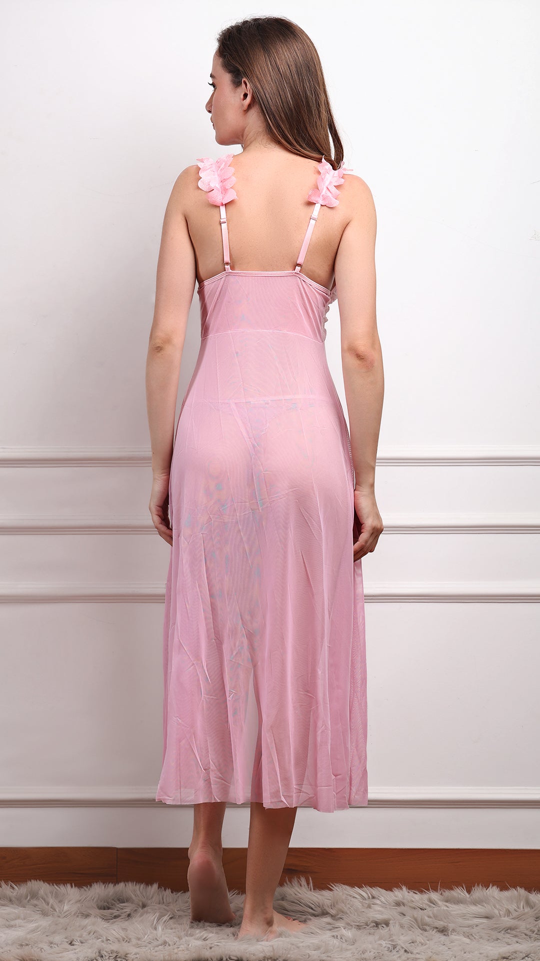 Pink Sheer Floral Trim Long Babydoll Gown