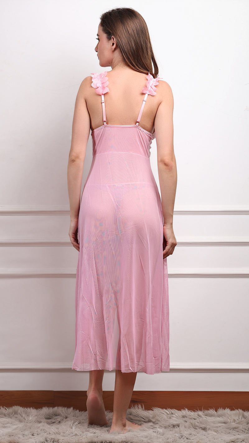 Pink Sheer Floral Trim Long Babydoll Gown