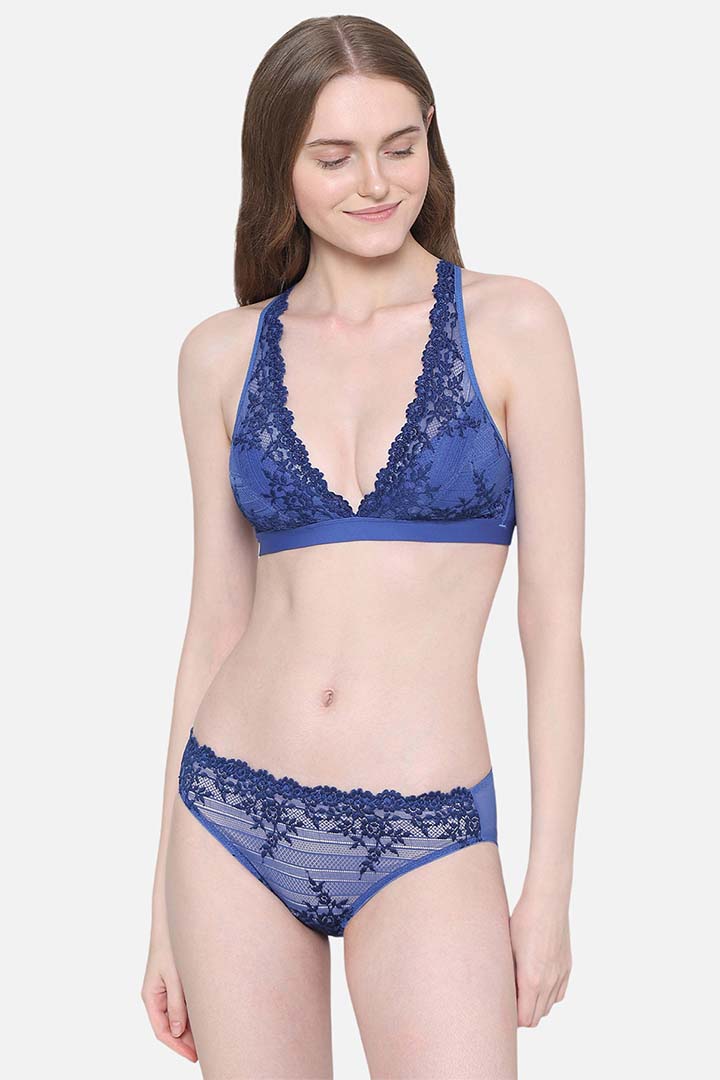 WACOAL BRA 852191 Embrace Lace Non Padded Non Wired 3/4th Cup Bridal Wear Medium coverage Lace Bralette - Dark Blue