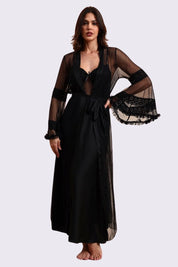 AXTZH Sophisticated and Alluring Nightwear Ensemble Featuring a Full-Length Gown with Sheer Accents X5101-BLACK-F22S