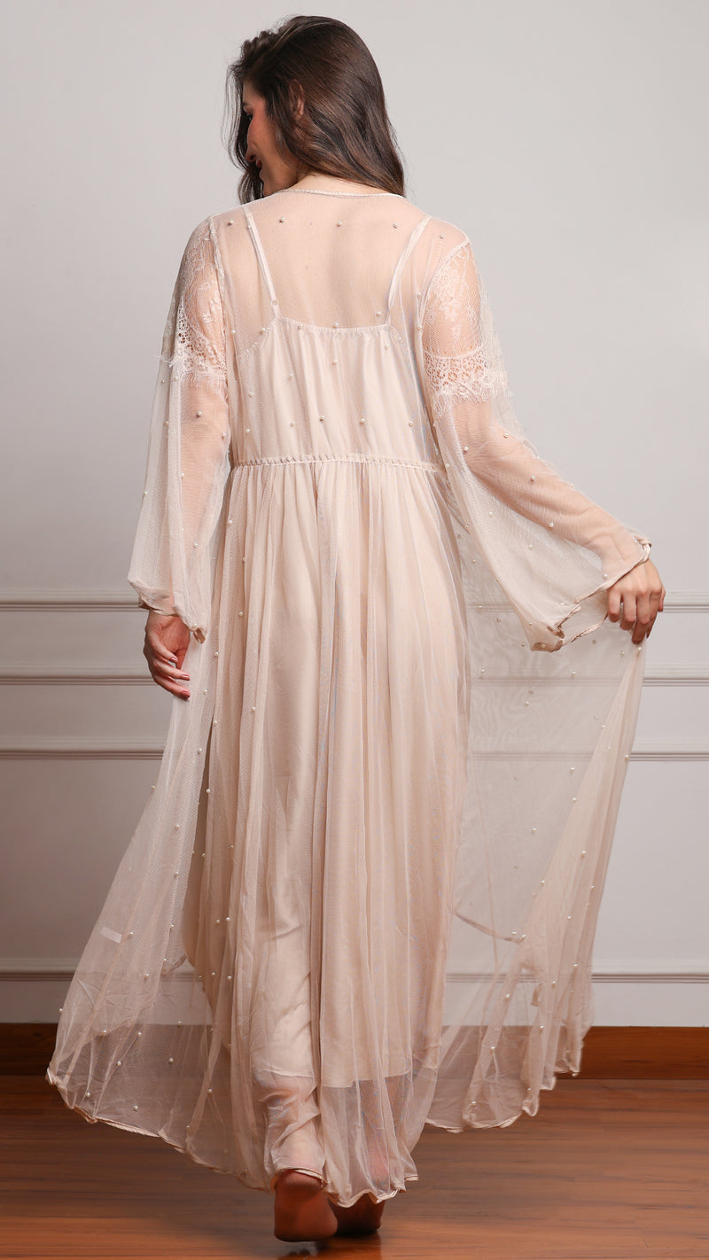 Champagne Satin Nighty & Robe Set with Beaded Sleeves