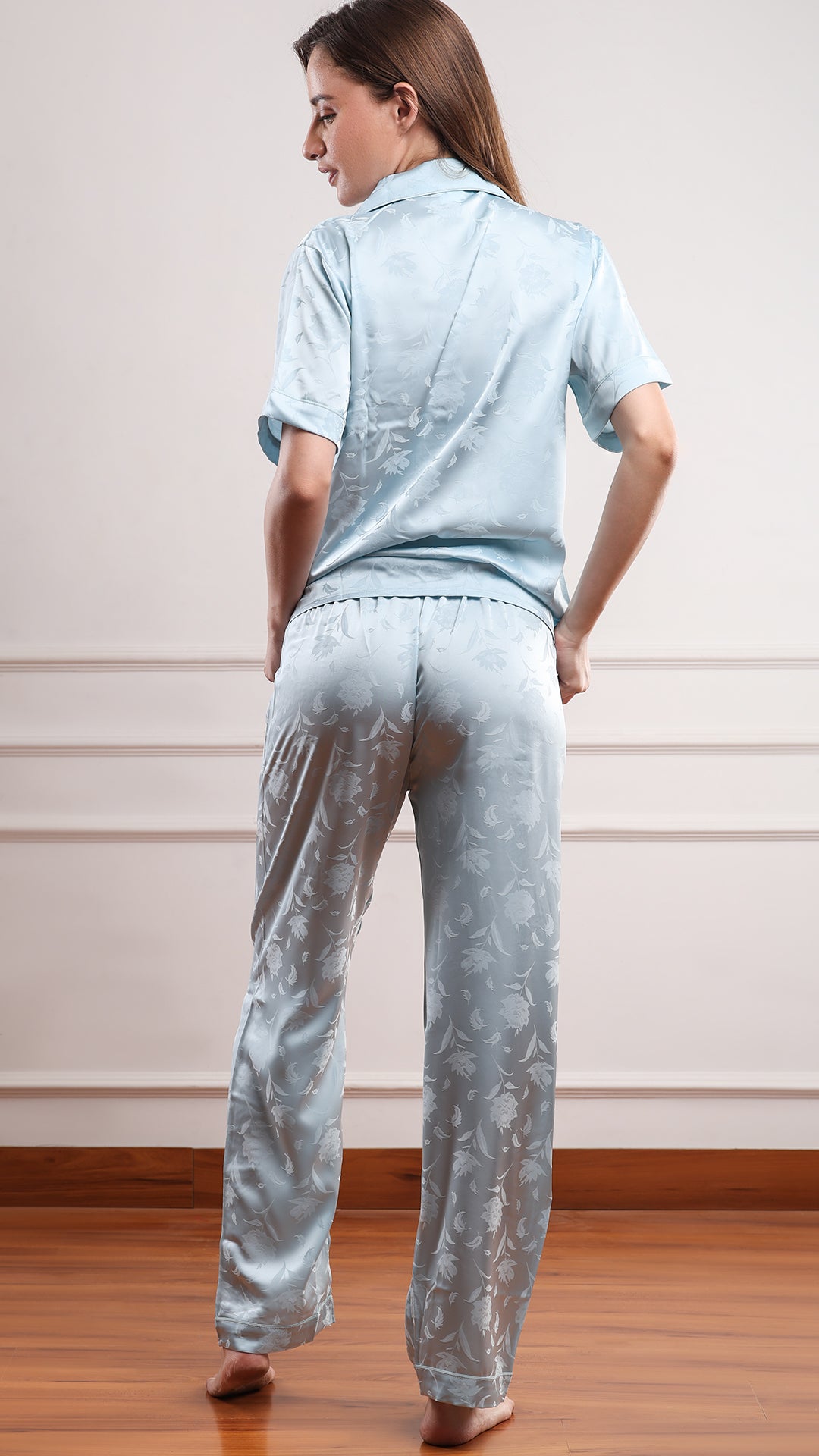 Jacquard Satin 3pc Pajama Set – Shirt, Shorts & Pant
