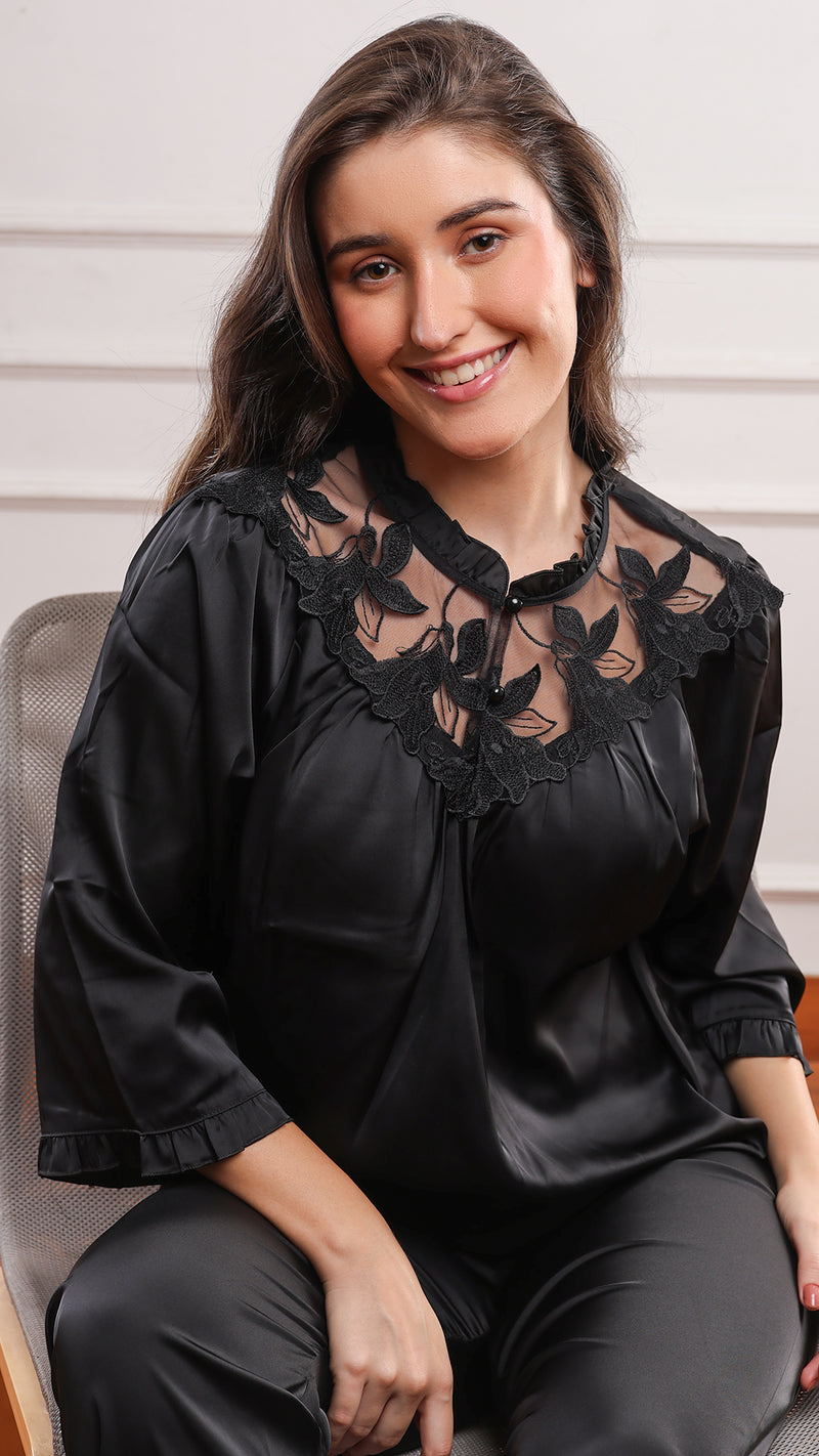Black Lace Yoke Padded Top & Pajama Set
