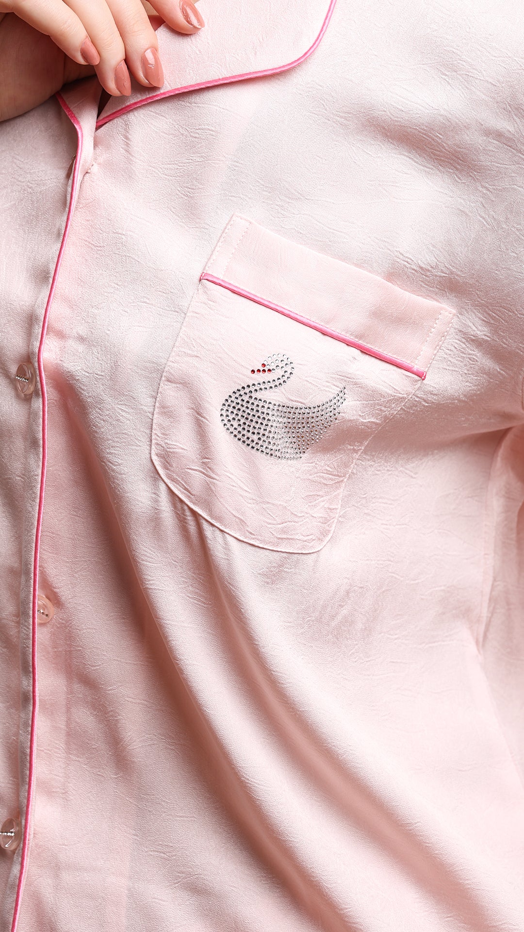 Pink Silk Satin Feather-Cuff Pajama Set
