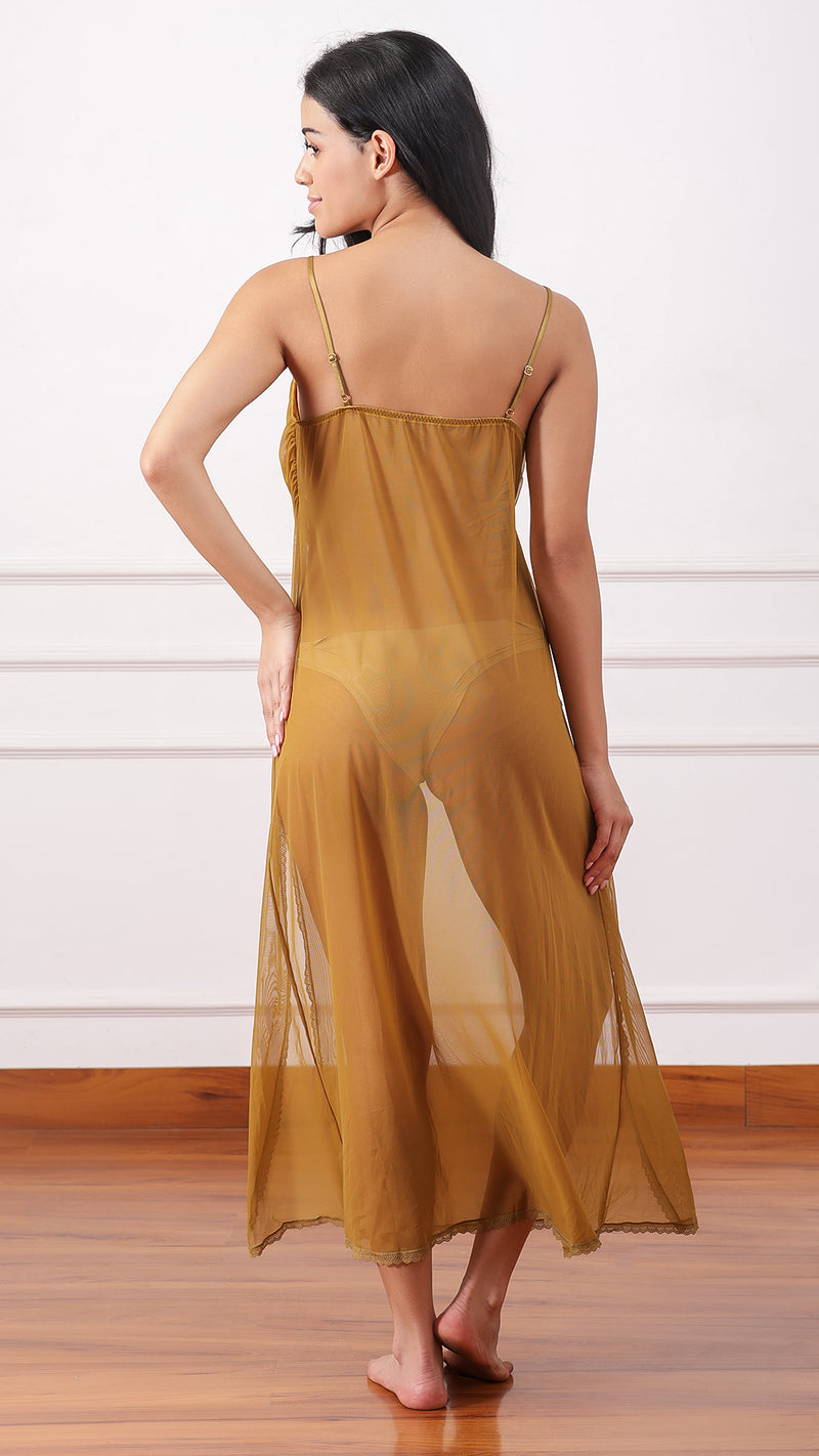 Mustard gold satin slip dress without robe, side view