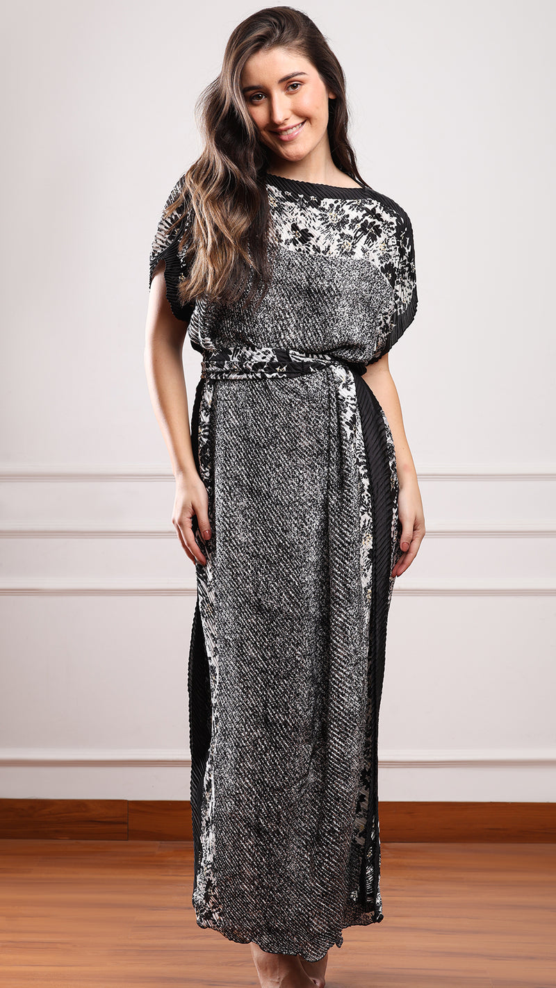 Black & White Printed Pleated Satin Kaftan
