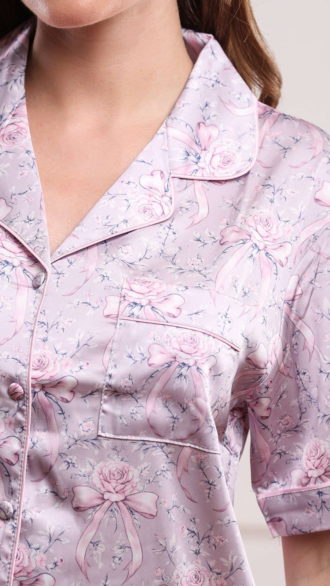 Pink Floral Satin Pyjama Set – Shirt, Shorts & Pants
