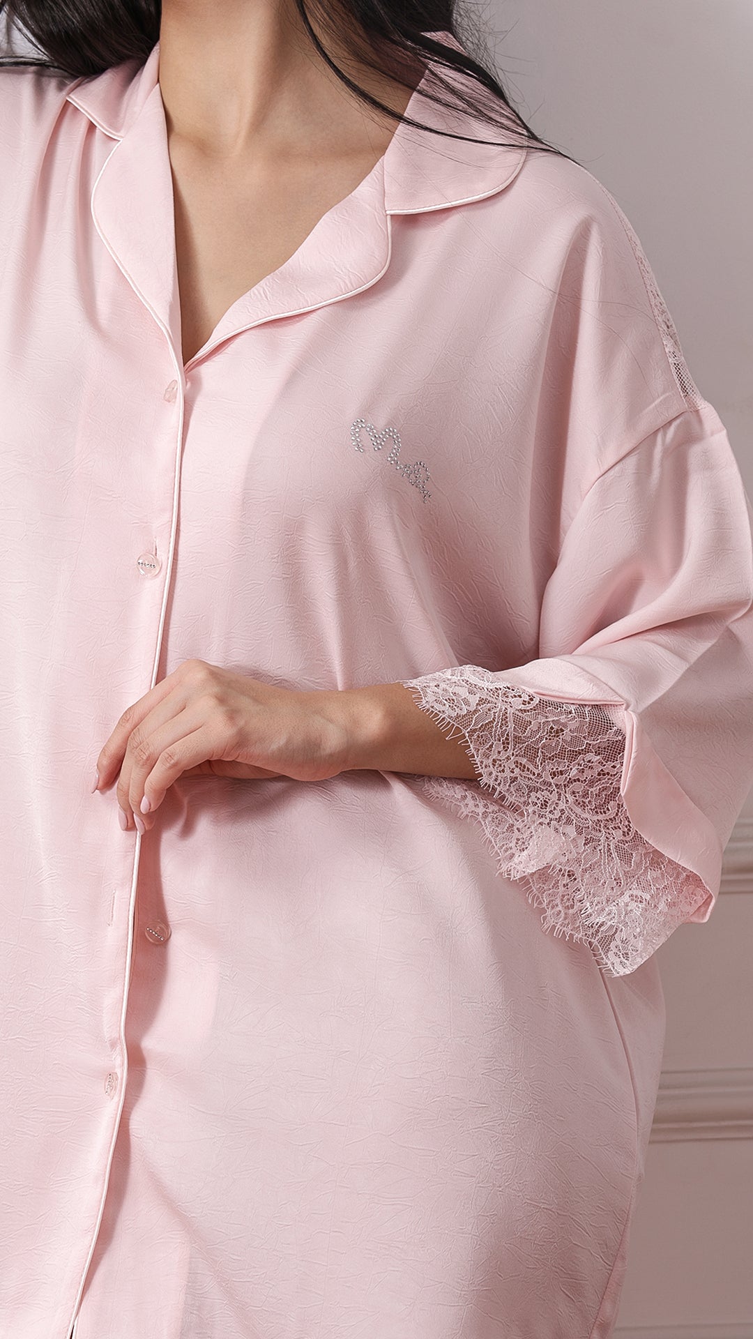 Pink satin button-down sleep shirt, front view