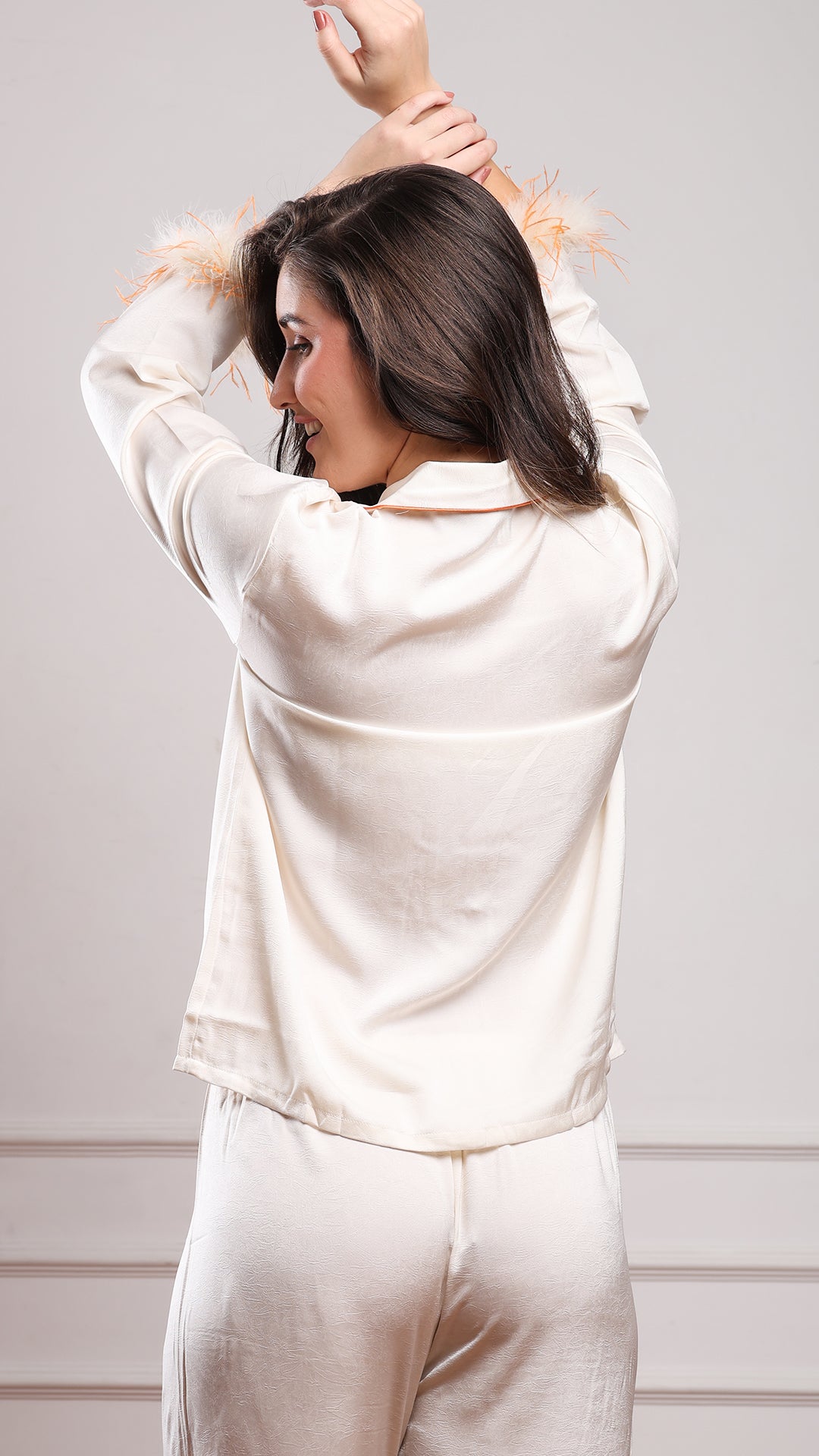 Vanilla Silk Satin Feather-Cuff Pajama Set